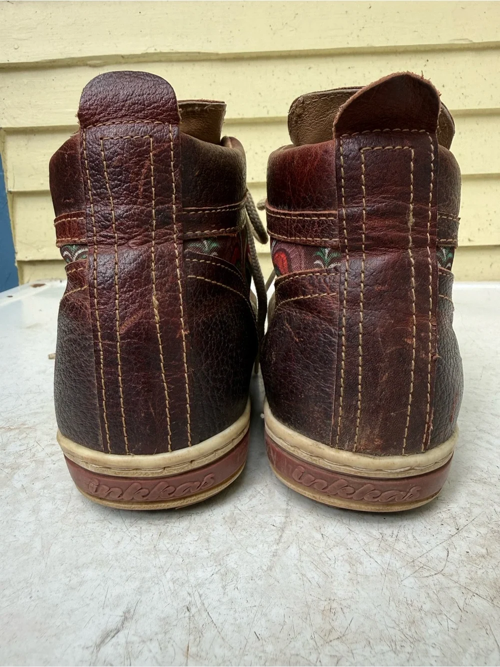 inkkas Tan & Brown Leather High-Top Sneakers w Rooster Floral Burning Man Hippy